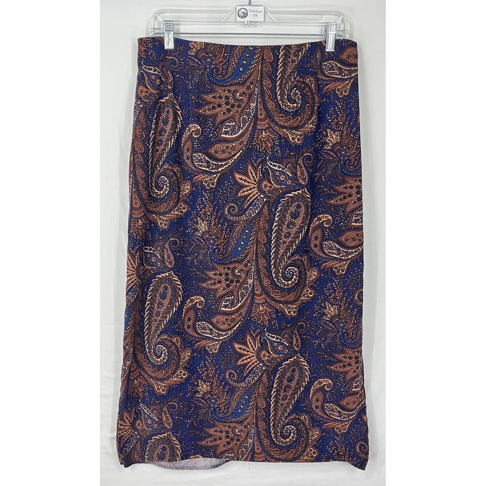 Briggs New York Petite 14P Blue Paisley Maxi Skirt Vintage Stretch 90s Boho
